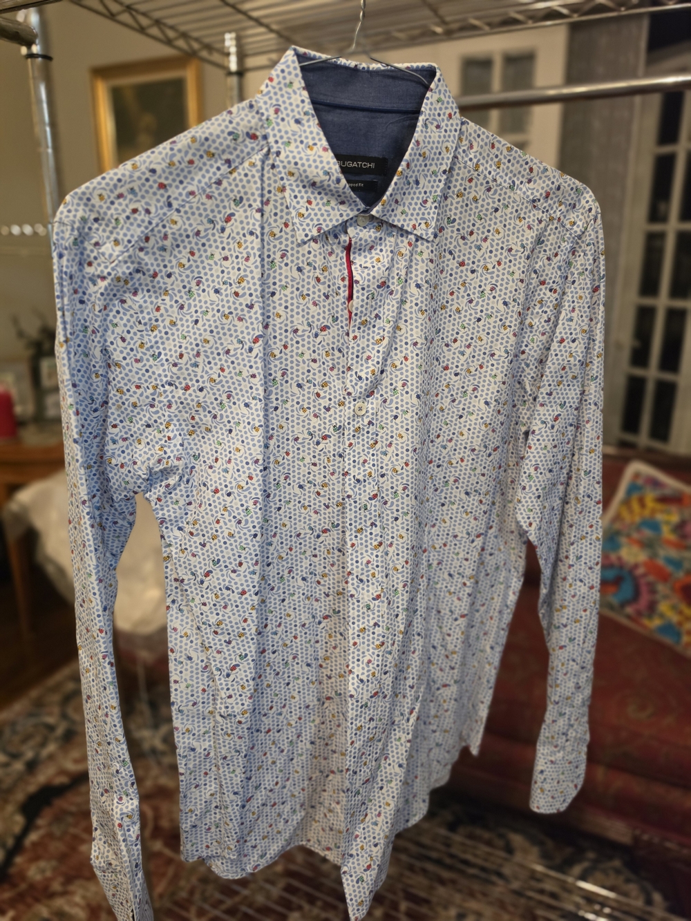 Bugatchi White Button-Down Shirt with Multicolor Micro ladybug Print